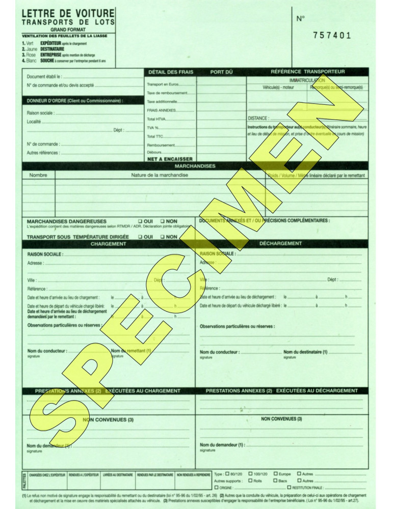 Lettre de Voiture Grand Format 50 LIASSES de 4 feuillets