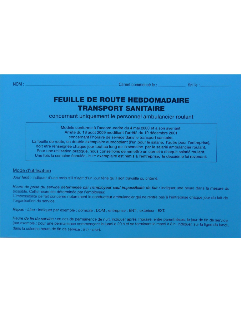 Feuille de route hebdo-Transport sanitaire (25 liasses)