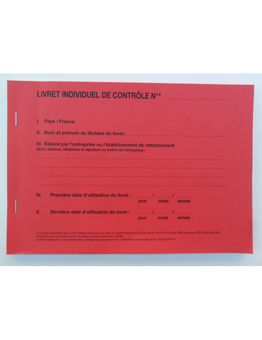 Livret individuel de contrôle (30 liasses dupli R/V)