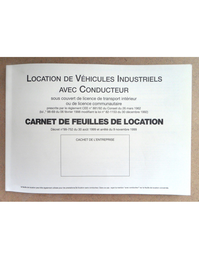 Carnet de location standard (25x3 en petit format)