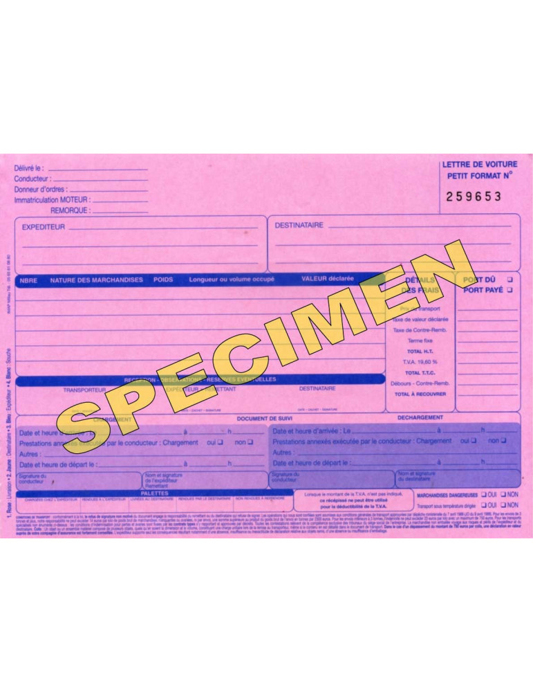 Lettre de Voiture Petit Format 4 feuillets